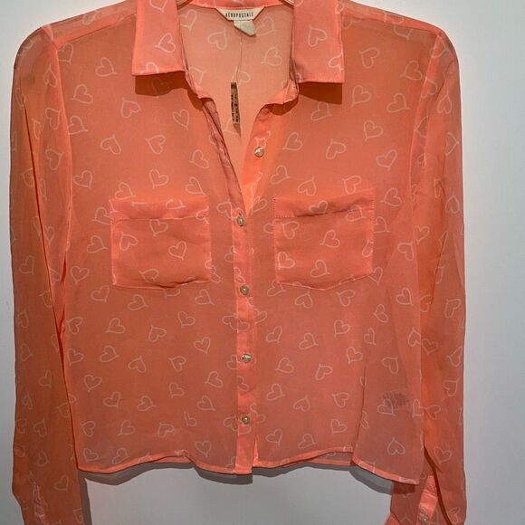 Aeropostale Women's Orange Heart Sheer Long Sleeve Button Up Shirt Small NWT - Picture 1 of 8